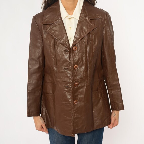 70s Brown Leather Jacket Button Front Collared Br… - image 8