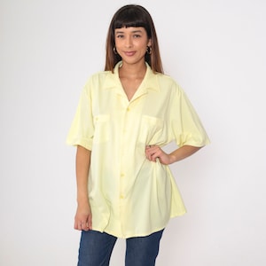 80s Button Up Shirt Yellow Shirt Retro Collared Top Chest Pocket Short Sleeve Plain Vintage 1980s Men's Extra Large xl