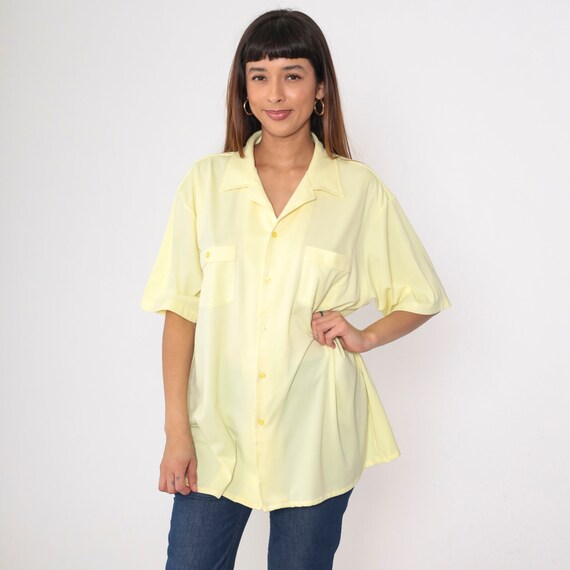 80s Button Up Shirt Yellow Shirt Retro Collared Top Chest Pocket Short Sleeve Plain Vintage 1980s Men's Extra Large xl
