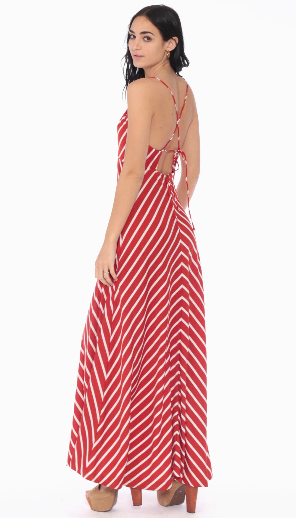 70s Maxi Dress CHEVRON Stripe Sundress Criss Cross Boho Gown 1970s Red ...