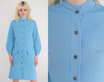 Mod Shift Dress 70s Midi Blue Shirtdress Button Up Dress 60s Hippie 1970s Long Sleeve Pocket Ribbed Polyester Plain Small Medium