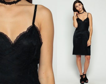 Black Slip Dress 70s Mini LACE Lingerie Gothic Sweetheart Neckline Vintage 1970s Deep V Neck Low Waist Spaghetti Strap Nightgown Medium