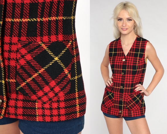 Red Plaid Vest 70s Tartan Button Up Vest Retro Preppy Checkered Wool Blend Sleeveless Tank Top Uniform Vintage 1970s Wippette Extra Small xs