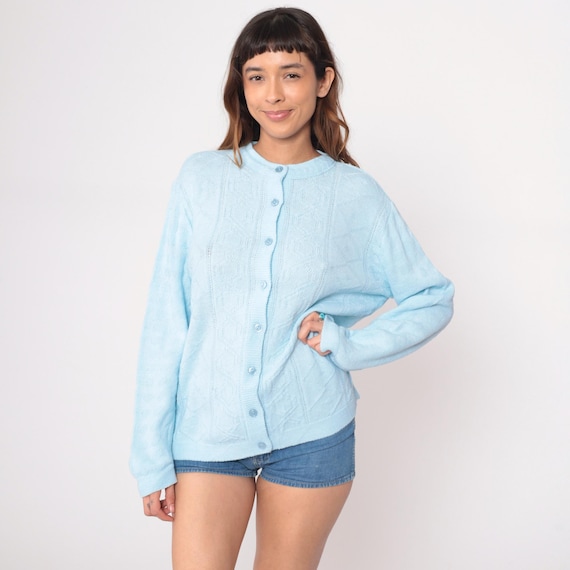 80s Baby Blue Cardigan Cable Knit Button Front Pale Blue Pastel Sweater Vintage Cottagecore Preppy  Long Sleeve Cozy Knit Top Large L
