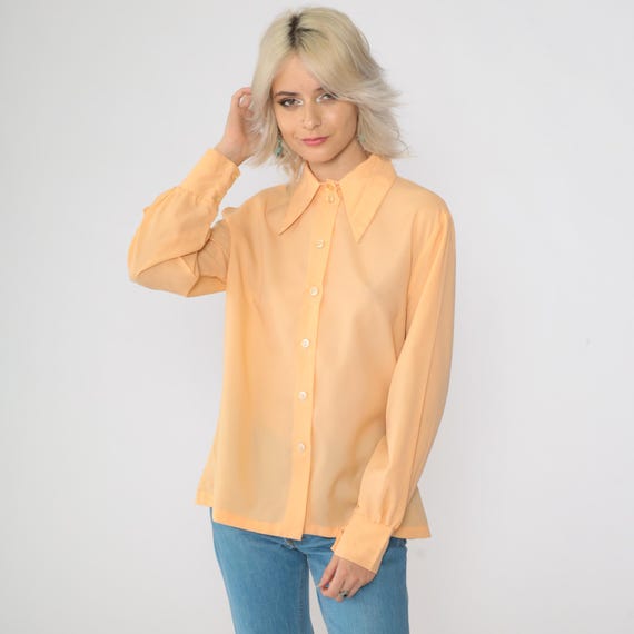 70s Shirt Peach Dagger Collar Shirt Button Up Shirt Long Sleeve Top Disco 1970s Collared Plain Seventies Pastel Large L