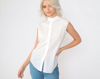 70s White Band Collar Top Sleeveless Blouse Button up Shirt Collared Plain Simple Basic Retro Preppy Summer Vintage 1970s Small 34