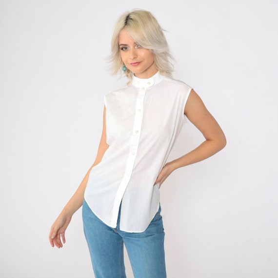 70s White Band Collar Top Sleeveless Blouse Button up Shirt Collared Plain Simple Basic Retro Preppy Summer Vintage 1970s Small 34