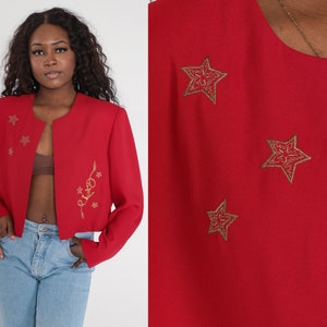 Red Cropped Jacket 90s Gold Star Jacket Embroidered Open Front Blazer Preppy Jacket Crop Coat Short Vintage 1990s Extra Large xl image 1