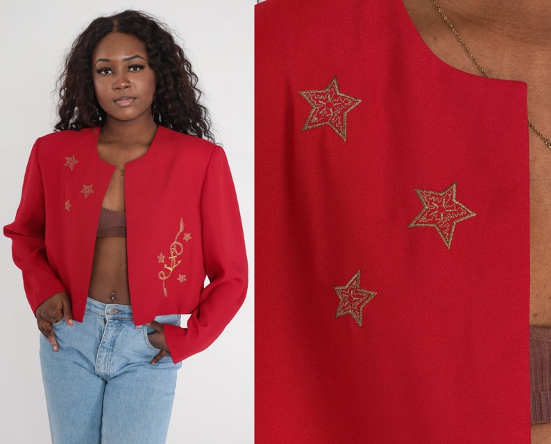 Red Cropped Jacket 90s Gold Star Jacket Embroidered Open Front Blazer Preppy Jacket Crop Coat Short Vintage 1990s Extra Large xl image 1