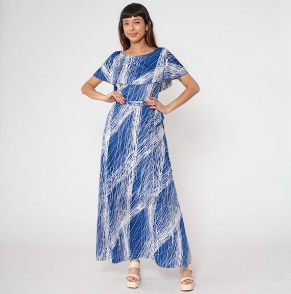 70s Capelet Maxi Dress Blue White Abstract Brushstroke Print Ruffle Overlay Belted Tie Waist Boat Neck Floor Length Vintage Gown Medium M