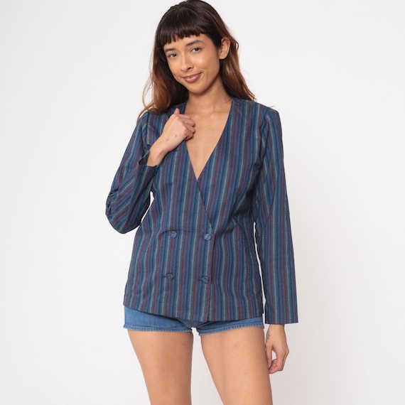 80s Striped Blazer Vintage Blue Multi Colored Double Breasted Jacket Plunging V Neck Cotton Blend Structured Office Wear Jewel Tone Medium M