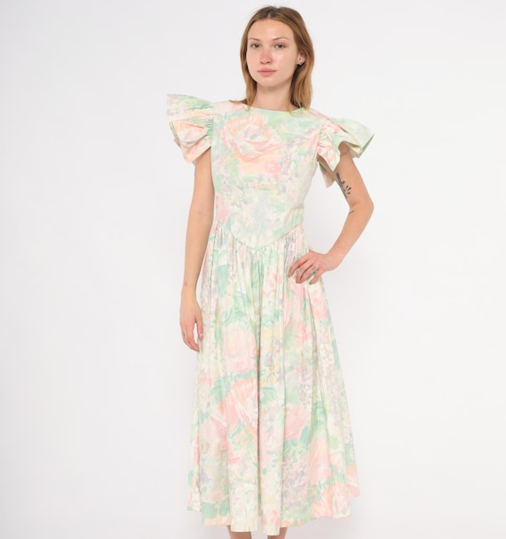 Pastel Floral Dress 90s Flutter Sleeve Cotton Watercolor Rose Print Basque Waist V Back Prairie Cottagecore Garden Party Pink Mint Small S