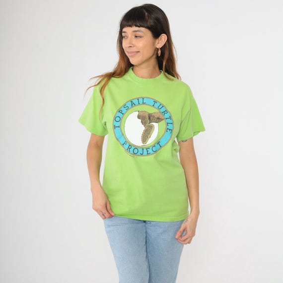 Vintage Topsail Turtle Project T-Shirt 90s Sea Turtle Conservation Lime Green Hanes Beefy Tee 1990s North Carolina Medium