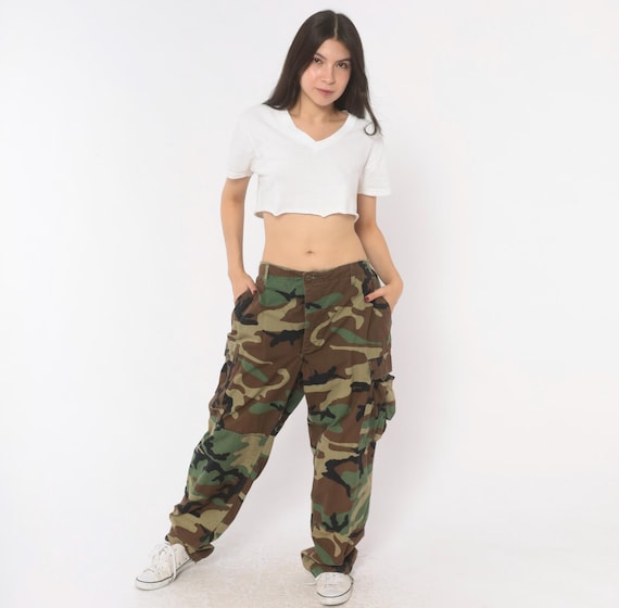 Y2K Woodland Camo Cargo Pants Military Trousers Olive Green Brown Camouflage Army Combat Wide Leg Gorpcore Utility Surplus Vintage Large L