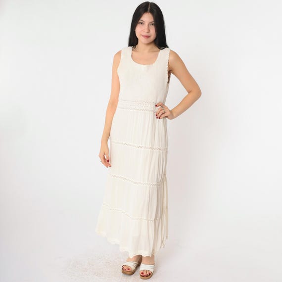 Cream Crochet Dress Y2k Boho Gauze Maxi Dress Retro Sleeveless High Waist Peasant Summer Festival Hippie Bohemian Vintage 00s Small