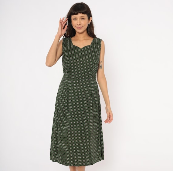 60s  Heart Print Jumper Dress Sweetheart Neckline Green Purple Floral Cotton Sleeveless Pencil Skirt Forest Calico Summer Vintage Large L