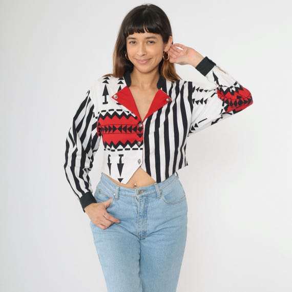 Vintage Western Blouse 90s Southwest Button Up Crop Top Red White Black Striped Cowgirl Shirt Southwestern Long Sleeve 1990s Medium M