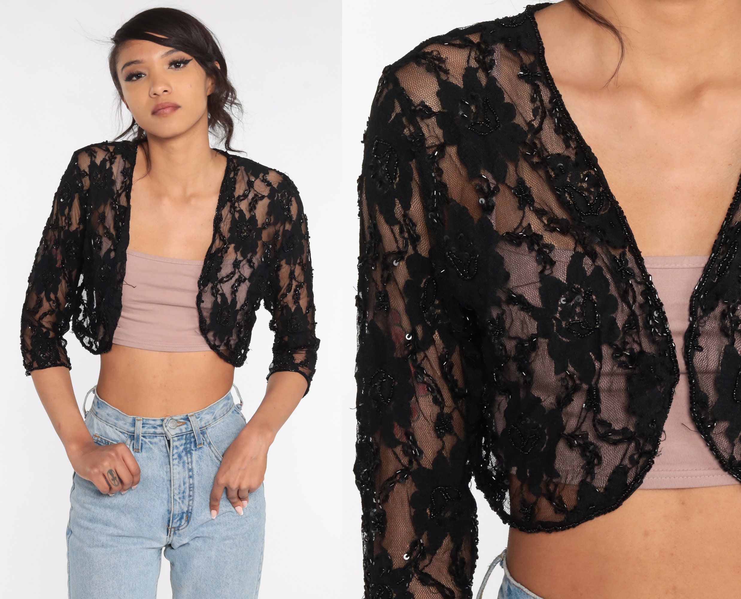 Beaded Cardigan Sheer Black Lace Bolero Top Boho Jacket 90s