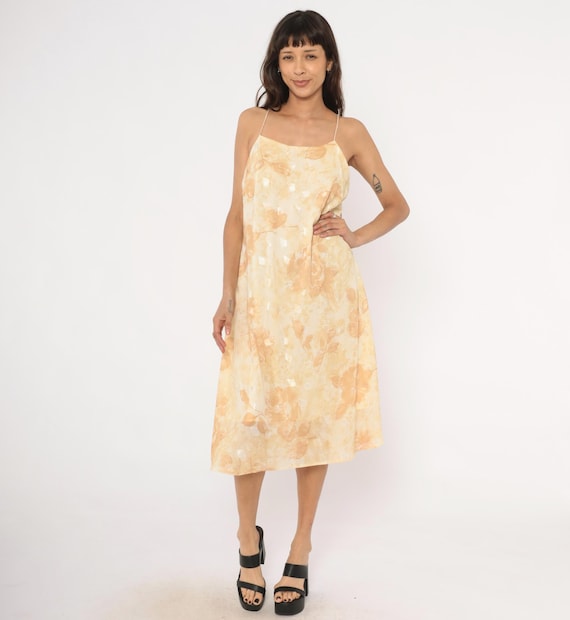 Gold Floral Slip Dress 90s Spaghetti Strap Midi Cami Blush Rose Print Bias Cut Low Back Sleeveless Cream Tan Neutral Feminine Vintage Large