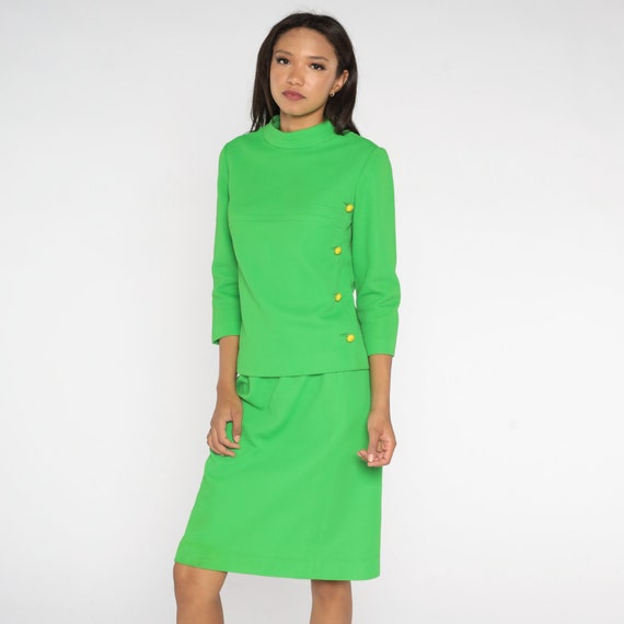 60s Two Piece Dress Suit Neon Lime Green Mod Outf… - image 3