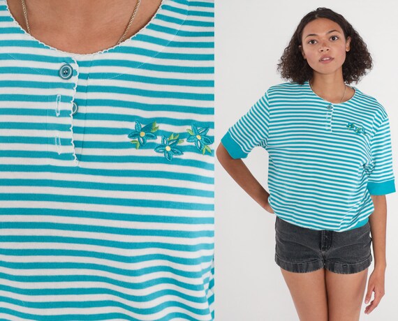 Striped Floral Blouse 90s Embroidered Flower Top White Blue Short Sleeve Henley Shirt Button up Banded Hem Retro Casual Vintage 1990s Large