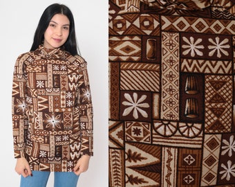 70s Tunic Top Abstract Floral Turtleneck Shirt Boho Hippie Blouse Tiki Geometric Flower Psychedelic Brown White Cotton Vintage 1970s Small