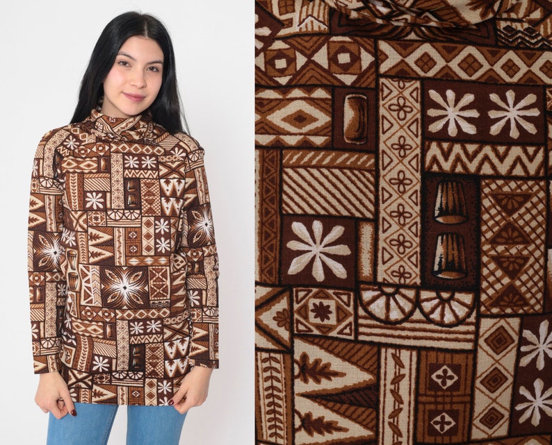 70s Tunic Top Abstract Floral Turtleneck Shirt Boho Hippie Blouse Tiki Geometric Flower Psychedelic Brown White Cotton Vintage 1970s Small image 1