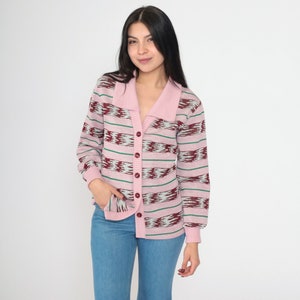 Pink Striped Cardigan 70s Space Dye Sweater Geometric Boho Cardigan Hippie 1970s Bohemian Collared Button Up Seventies Small S