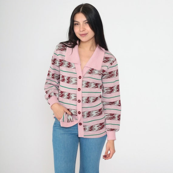 Pink Striped Cardigan 70s Space Dye Sweater Geometric Boho Cardigan Hippie 1970s Bohemian Collared Button Up Seventies Small S