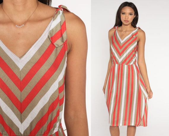 Striped Sundress 80s Midi Dress Red Taupe White S… - image 1