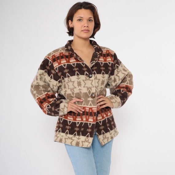 Vintage 90s Southwestern Wool Jacket Geometric Star Print Button-Up Coat Bohemian Warm Beige Brown Rust Orange Southwest Outerwear Large