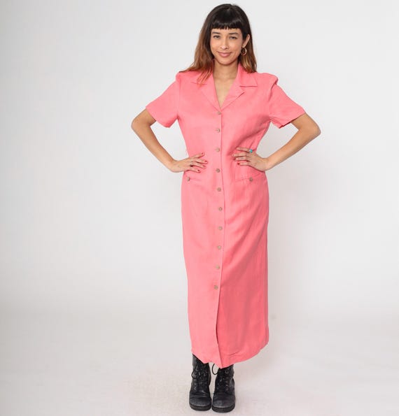 Pink Shirt Dress Y2K Coral Button Front Short Sleeve  Maxi Vintage Barbiecore Hot Pink Statement Collar Summer Bright Bold Aesthetic Large L