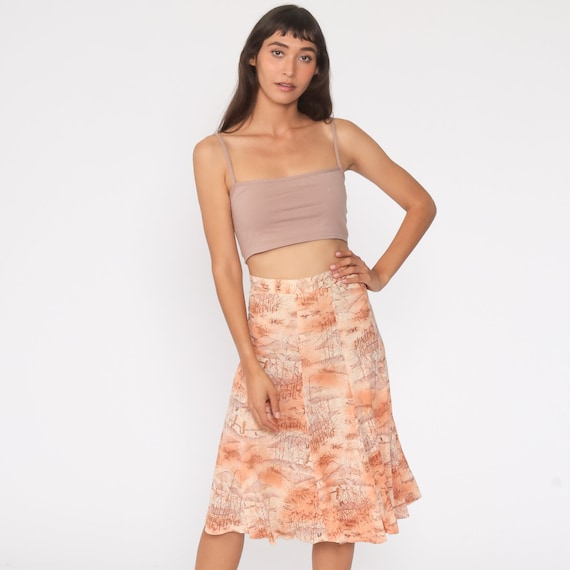 70s Asian Print Skirt Boho Skirt Midi Skirt High Waisted Orange Hippie Novelty Print 1970s Bohemian Vintage Extra Small xs