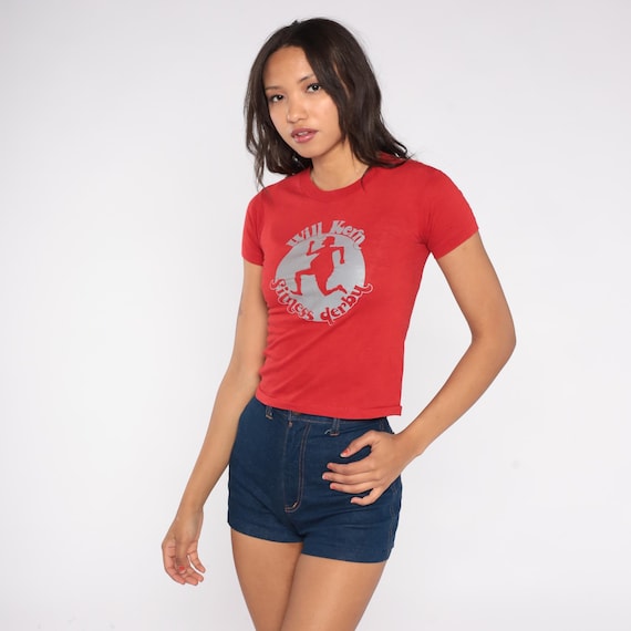 80s Red Graphic T Shirt Will Kern Fitness Derby Silver 1980s Baby Tee Soft Fitted Tee Paper Thin Crewneck Activewear Extra Small XS
