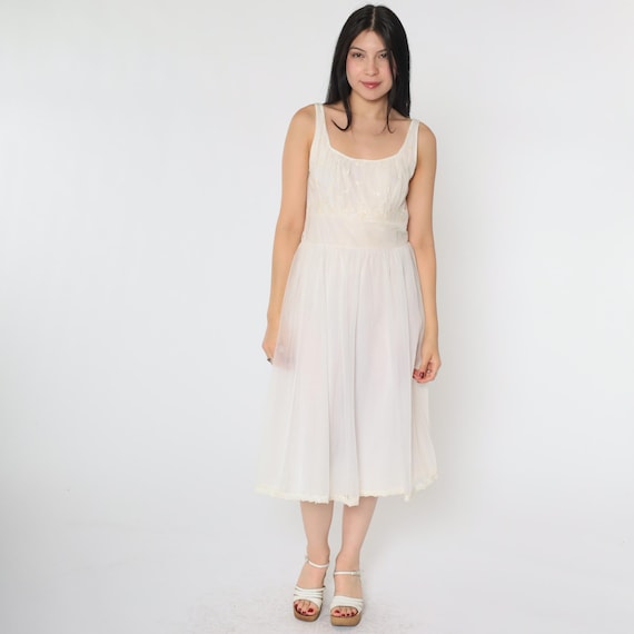 Vintage 70s White Slip Dress Lingerie Floral Embroidered Sheer Overlay Shadow Line Boho Romantic High Waist Nylon 1970s Full Skirt Medium 36