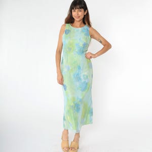 Vintage Chiffon Floral Dress 90s Midi Watercolor Sundress Green Blue Party Boho 1990s Bohemian Hippie Sleeveless Retro Medium
