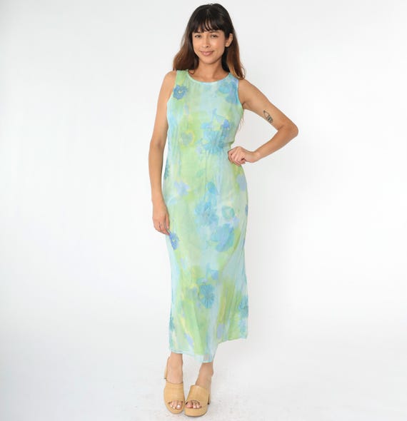 Vintage Chiffon Floral Dress 90s Midi Watercolor Sundress Green Blue Party Boho 1990s Bohemian Hippie Sleeveless Retro Medium