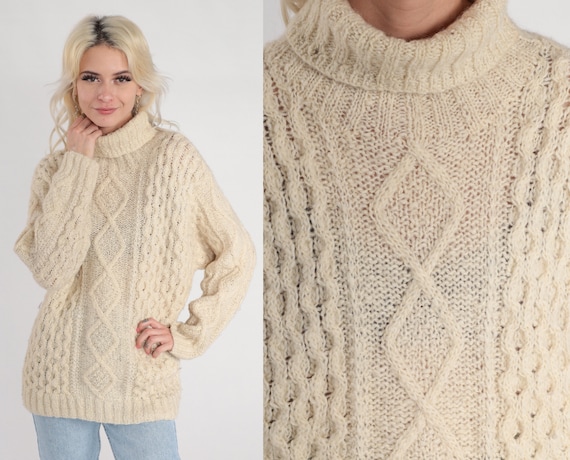 Cream Turtleneck Sweater 90s Cable Knit Pullover … - image 1