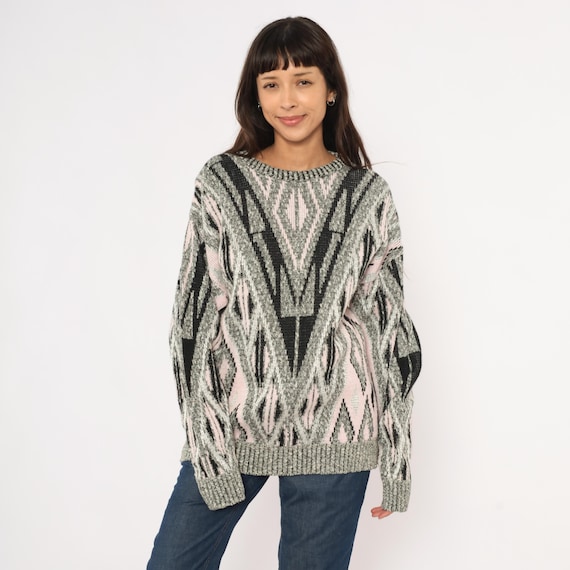 80s Geometric Knit Sweater Grey Black Pink Diamond Pattern Pullover Cotton Abstract Chevron Relaxed Fit Grandpa Crewneck Jumper Medium M