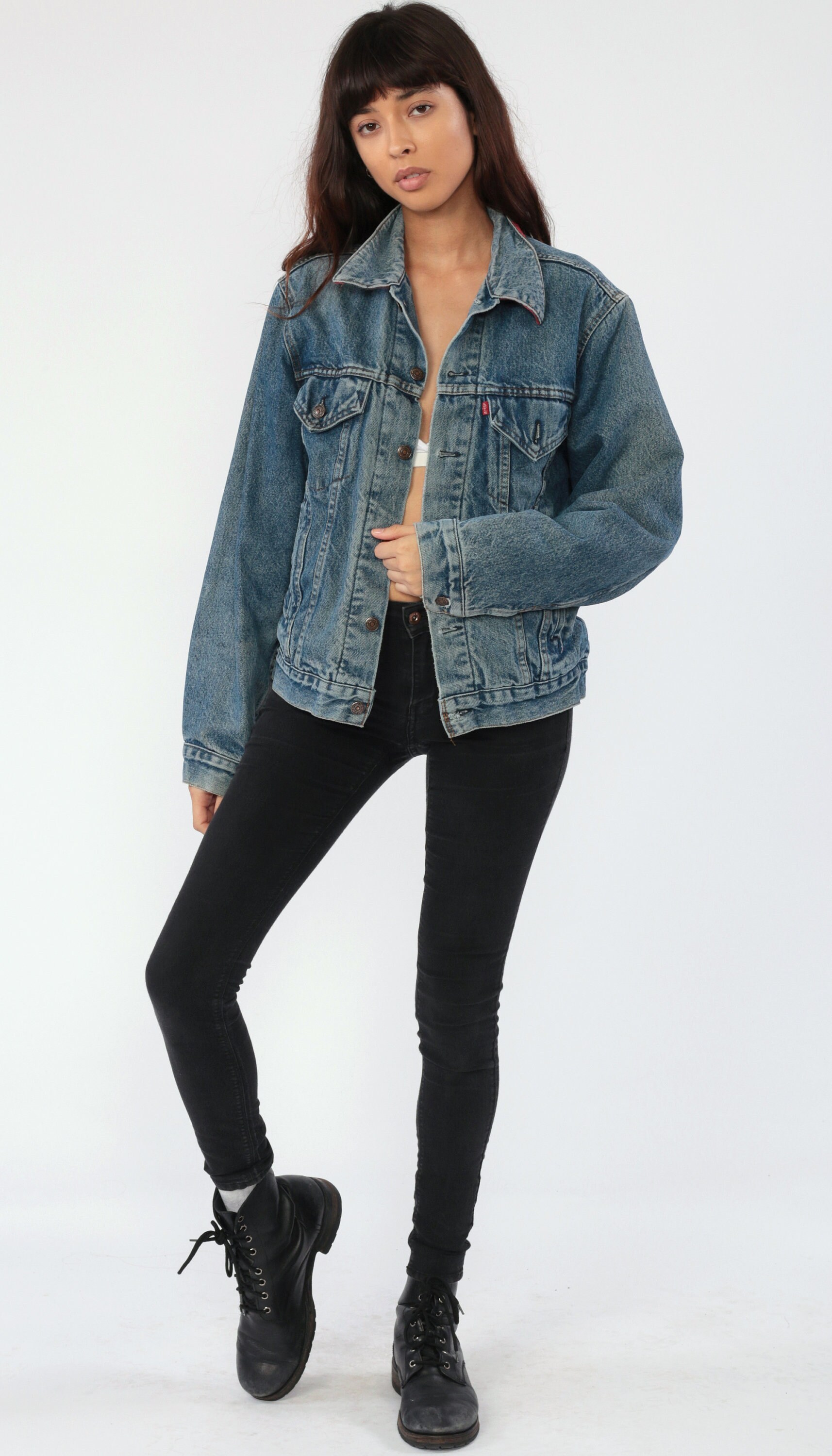 Levis Jean Jacket -- 80s LEVI Denim Jacket USA Made Buffalo PLAID Lined Trucker Blue Biker