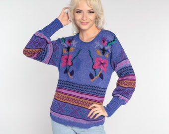 Suéter morado con estampado floral, estilo bohemio de los años 80, estampado geométrico, nailon, acrílico, punto de angora, holgado, estilo hipster vintage, años 80, mediano
