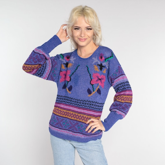 Purple Floral Sweater 80s Boho Graphic Geometric Print Nylon Acrylic Angora Knit Slouchy 1980s Pullover Vintage Hipster Jumper Medium