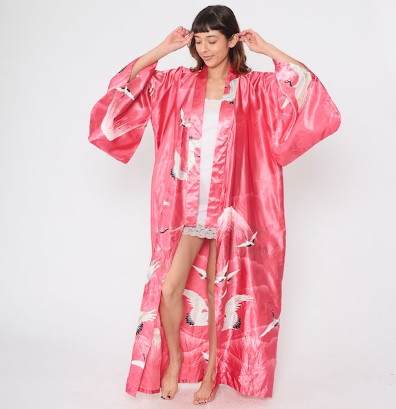 Pink Kimono 90s Long Robe Mountain Crane Bird Open Front Maxi Jacket Japanese Full Length Asian House Coat Vintage 1990s Small Medium Large