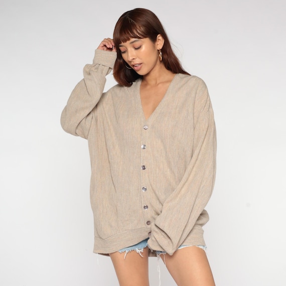 80s Beige Cardigan Cozy Winter Arnold Palmer Button Front V Neck Academic Grandpa Style Tan Knit Vintage Nerdcore Preppy Extra Large XL