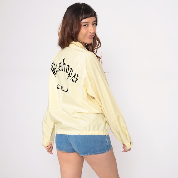70s Yellow Work Jacket Embroidered Rick Bishops SWLA Cotton Zip Front Varsity Collegiate Unisex Towncraft Vintage Cream Pale Golden Medium M