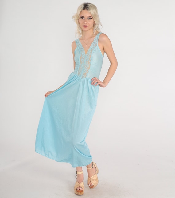 Baby Blue Nightgown 70s Slip Dress Maxi Plunge Neckline Nylon Nightgown Lace Lingerie Vintage High Waist V Neck Bohemian Extra Small xs