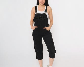 90s Black Corduroy Overalls 1990s Cropped Straight Leg Pants Baggy Bib Cargo Vintage Arizona Jean Company Dungarees Extra Small xs Petite