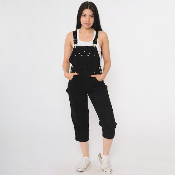 90s Black Corduroy Overalls 1990s Cropped Straight Leg Pants Baggy Bib Cargo Vintage Arizona Jean Company Dungarees Extra Small xs Petite