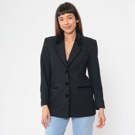 Vintage Black Wool Blazer 90s Velvet Trim Button up Blazer Jacket Basic Plain Simple Minimalist Structured Work Blazer 1990s Petite Medium