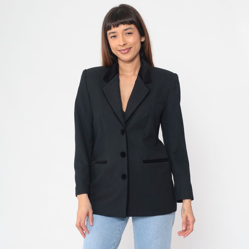 Black Wool Blazer 90s Velvet Trim Button up Blazer Jacket Basic Plain Simple Minimalist Structured Work Blazer Vintage 1990s Petite Medium image 3